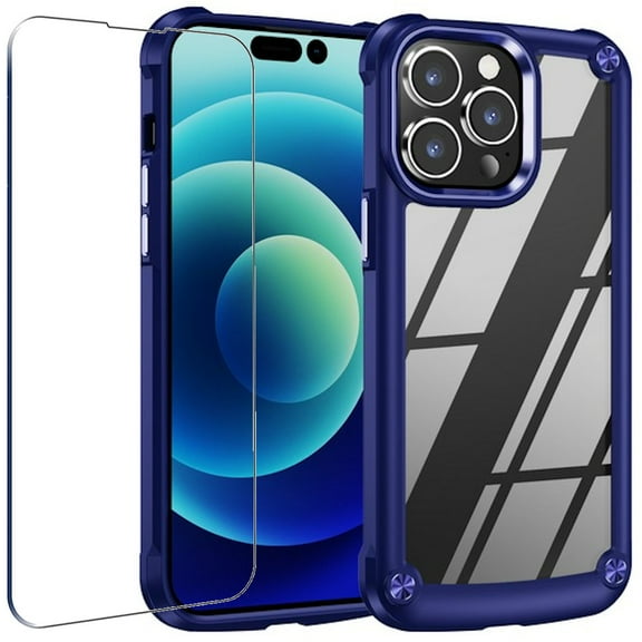 Tough Shield Snap-on Transparent Case and Tempered Glass Screen Protector for iPhone 14 Pro Max - Navy Blue