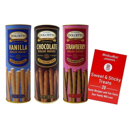 Cream Filled Rolled Wafers Gourmet Cookies Baked 3 Flavor (1) each: Vanilla, Chocolate, Strawberry (3 Ounces)   MerlinsMart Zine | Dolcetto
