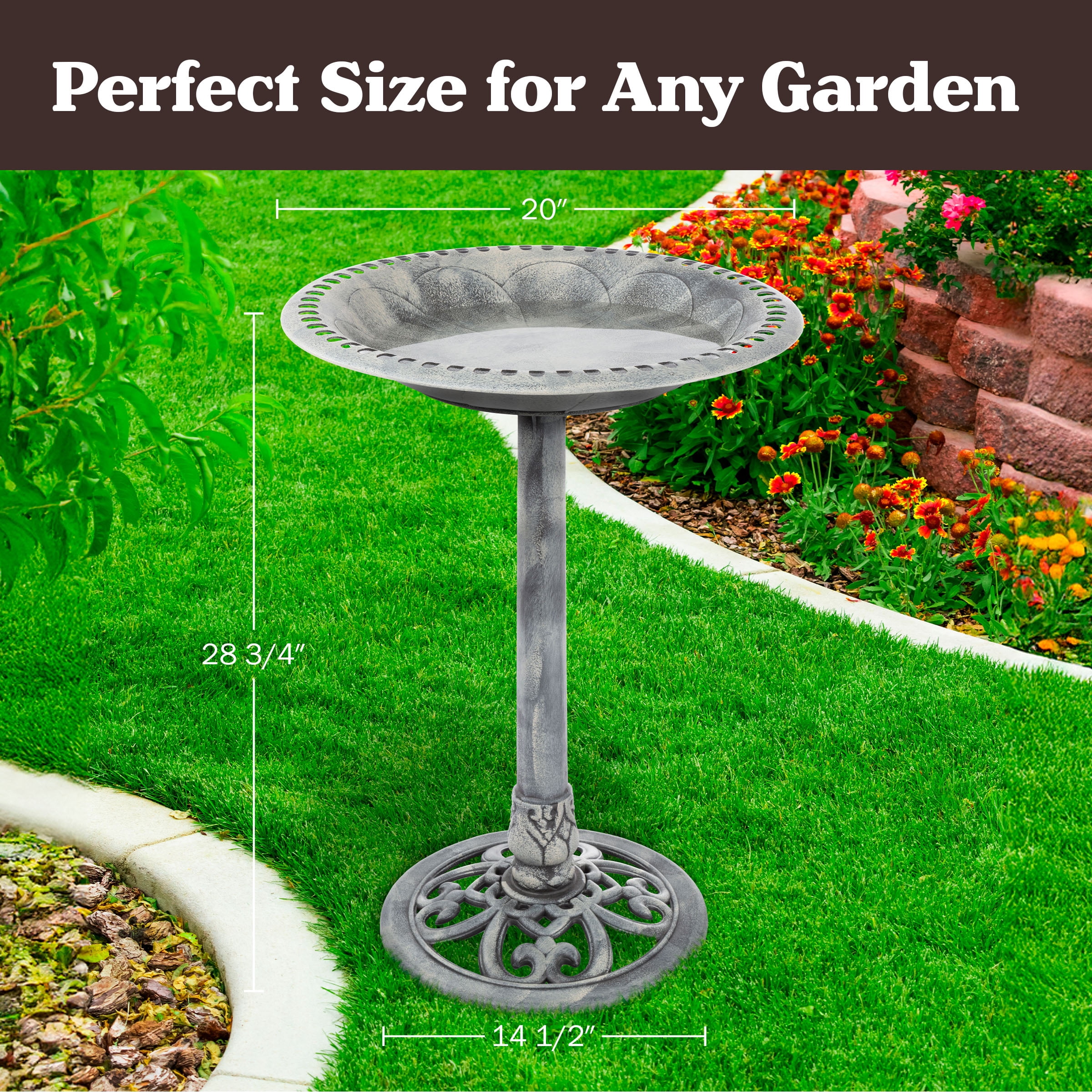 Pure Garden Antique Bird Bath – 28.75” Weather-Resistant Pedestal Bowl with Stakes, Antique Gray