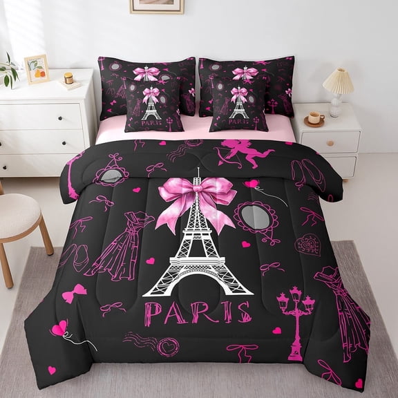 Feelyou Romantic Love Bedding Comforter Set 7 Pieces, Paris Eiffel Tower Full Bedding Set, Pink Fashion Bowknot Fitted Sheet Flat Sheet, Lightweight Room Decor