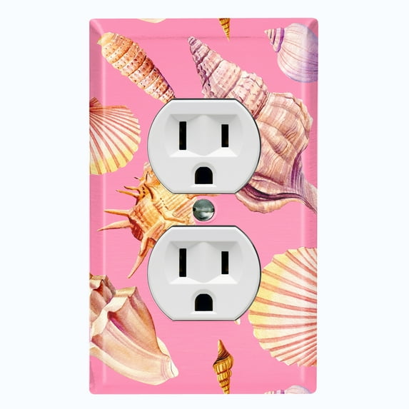 Metal Light Switch Wall Plate Outlet Cover (Colorful Sea Shells Pattern Pink - Single Duplex)