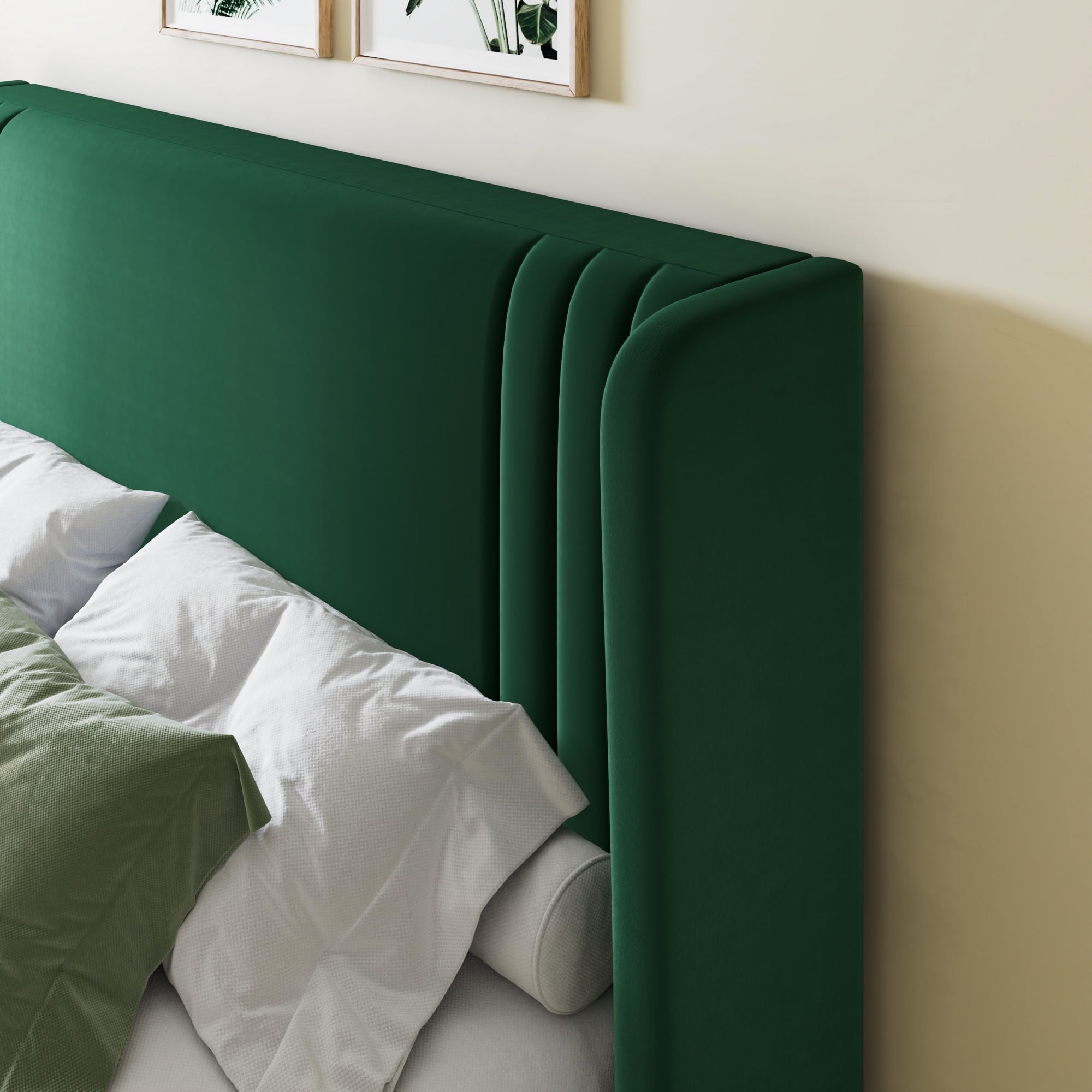 Allewie Queen Size Velvet Platform Bed Frame with Vertical Tufted Wingback Headboard, Easy Assembly, Under Bed Storage, No Box Spring Required, Modern Style, Green