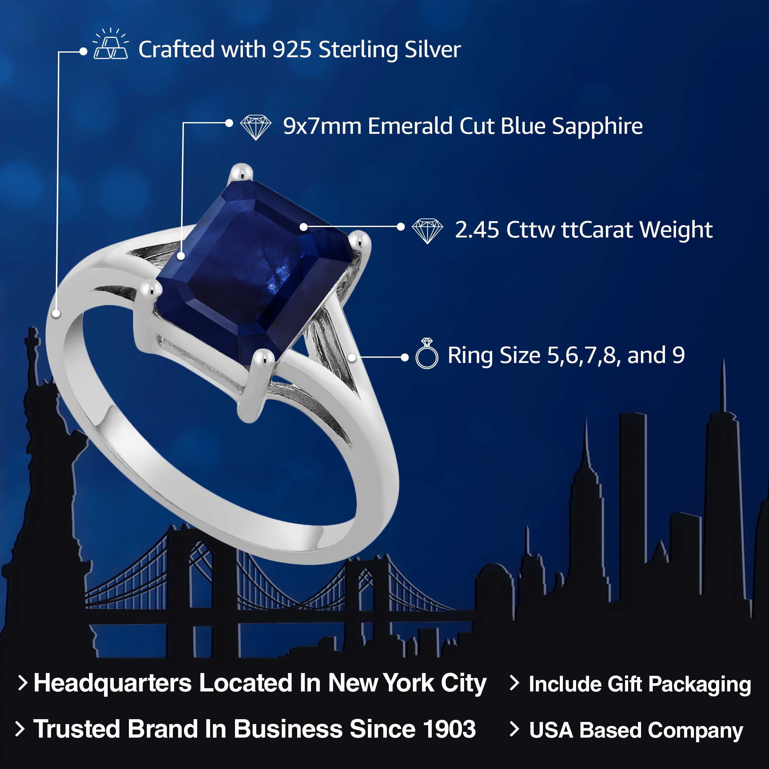 Gem Stone King 2.45 Cttw Blue Sapphire Solitaire Engagement Ring for Women | 925 Sterling Silver | Emerald Cut 9X7MM | Gemstone September Birthstone | Available in Size 5,6,7,8,9