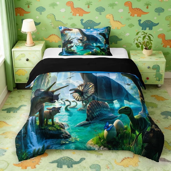 Manfei Dinosaur Wildlife Twin Comforter Sets,Retro Butterfly Dragon Animals Bedding Set,Blue,Black Reversible,2-Piece,1 Comforter and 1 Pillowcase