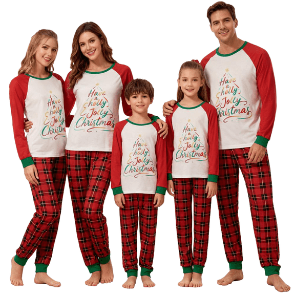 Family Matching Pajamas Sets Christmas Letters Printed Long Sleeve Tops with Plaid Pants Sleepwear