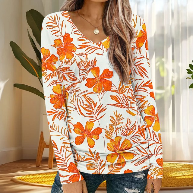 Ailaofu Long Sleeve Shirts for Women Fall Fashion Basic Trendy V-neck Floral Printed Casual Tops