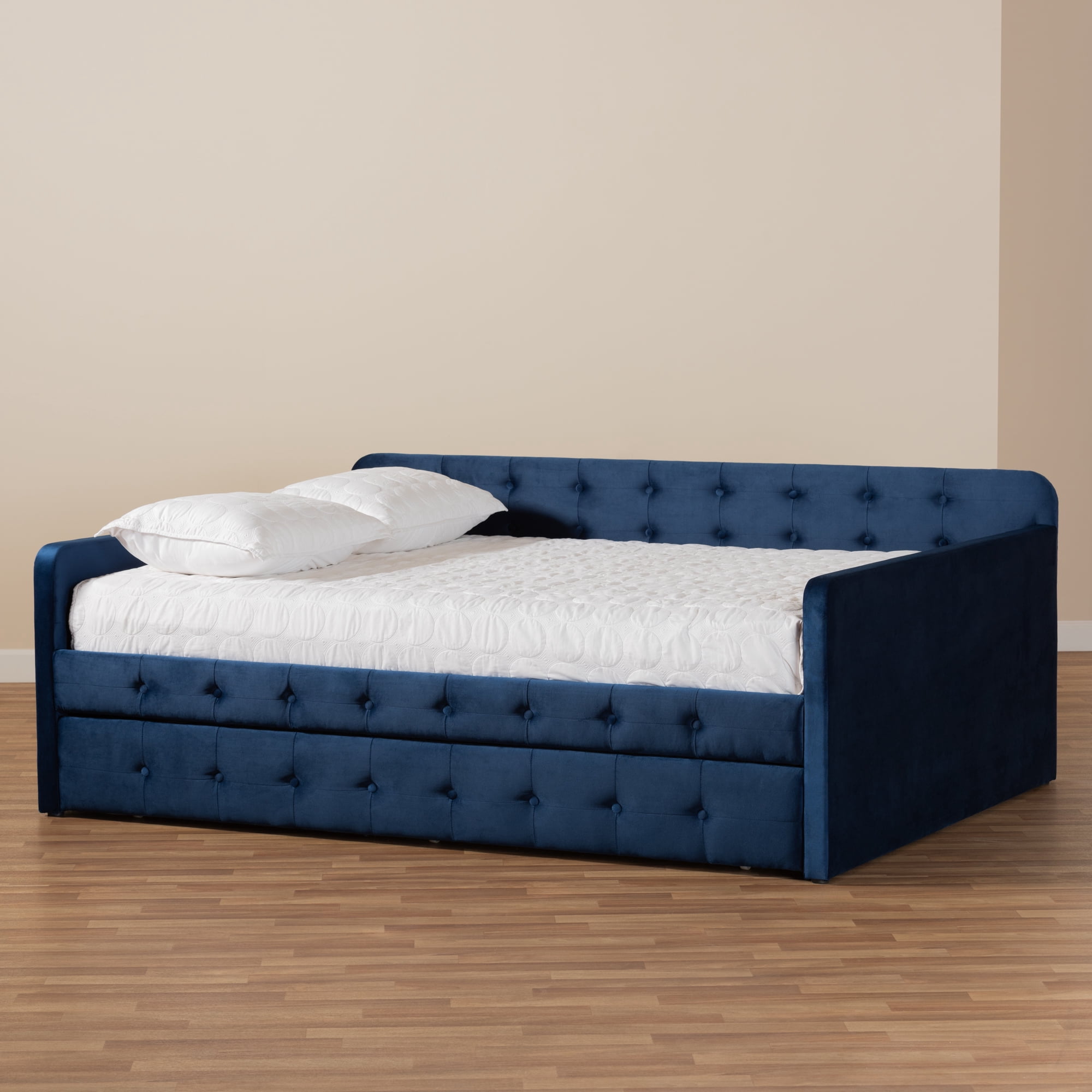 Baxton Studio Jona Kids Modern Daybed with Roll-out Trundle, Navy Blue/Velvet