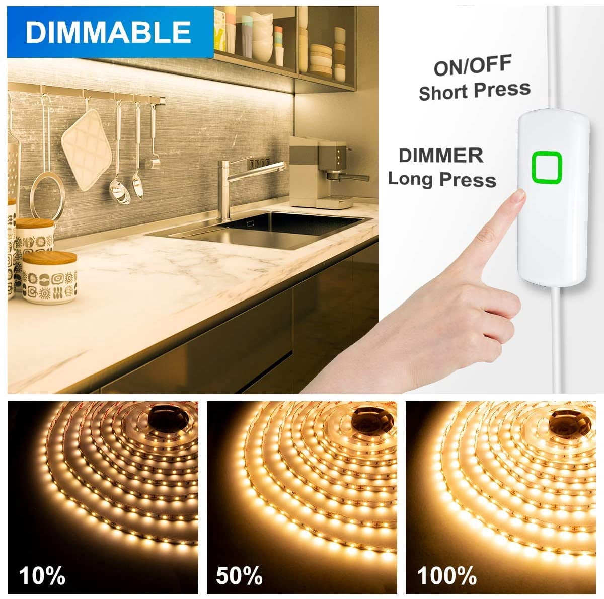 Under Cabinet Led Lighting, 16.4ft LED Strip Lights Kit with Dimmer Control for Kitchen, Cabinet, Shelf, Counter, Bedroom and Décor, Warm White 3000K, 1050LM