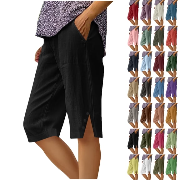 Lenago Women's Pants Casual Capri Pants Loose Fit Summer Cropped Trousers Solid Color Loose Straight Leg Pants With Pockets