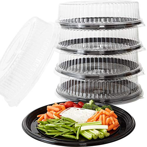 Black Plastic Party Platters, Round Plastic Serving Tray With Lid
