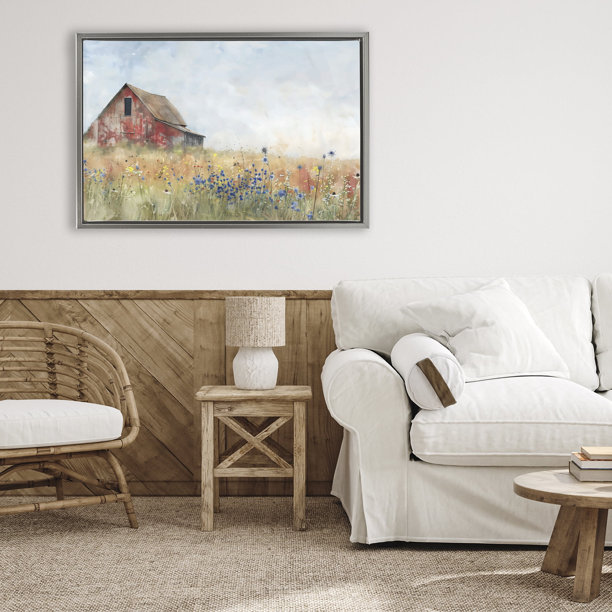 Stupell Industries Rustic Barn in Colorful Meadow Gray Framed Floater Canvas Wall Art, design by Creative Studio
