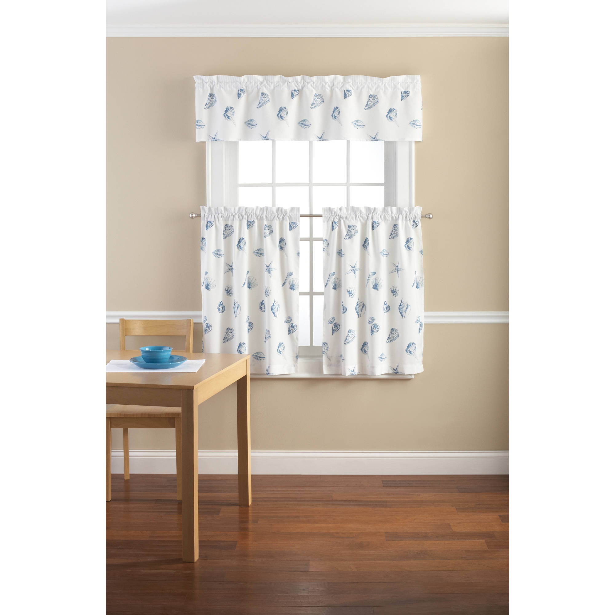 Mainstays Seashell Toss Printed Valance And Kitchen Curtains