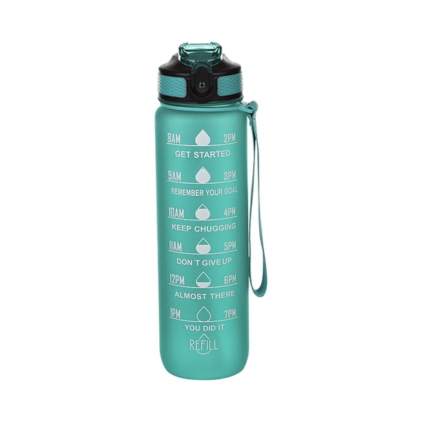 Botella de agua motivacional con marcas de tiempo Botella para beber de fitness con diseño a prueba de fugas de 1 litro con pajita, bebida deportiva portátil (verde)