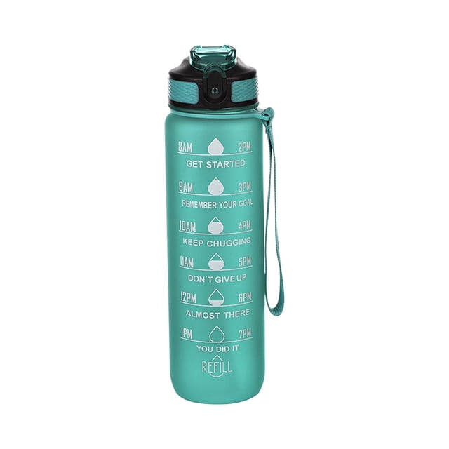 Botella de agua motivacional con marcas de tiempo Botella para beber de fitness con diseño a prueba de fugas de 1 litro con pajita, bebida deportiva portátil (verde)