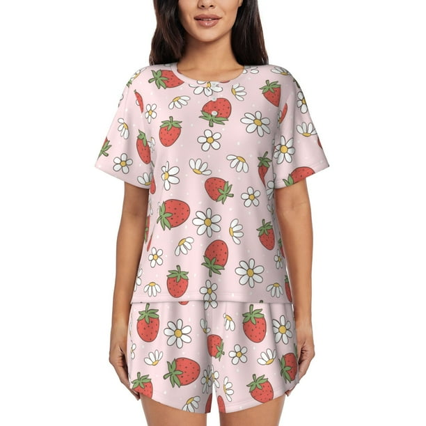 Fotbe Strawberry Floral Conjunto de Pijama Estampado para Mujer, 2 Piezas, Ropa de Dormir con Camiseta de Manga Corta y Shorts Suaves-Medium