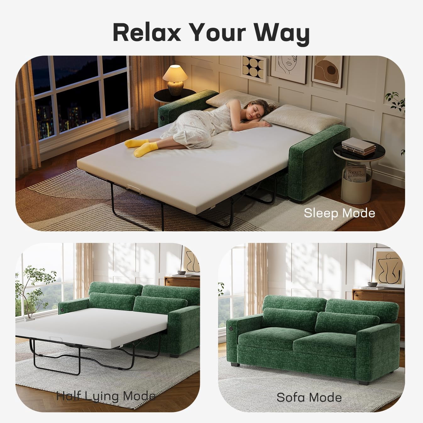 CHITOOMA Full Size Sofa Bed with Memory Foam Mattress, Pull-Out Sleeper Loveseat with 2 USB Charging Ports, Chenille Removable Covers for Living Room, Apartment or Bedroom,Green