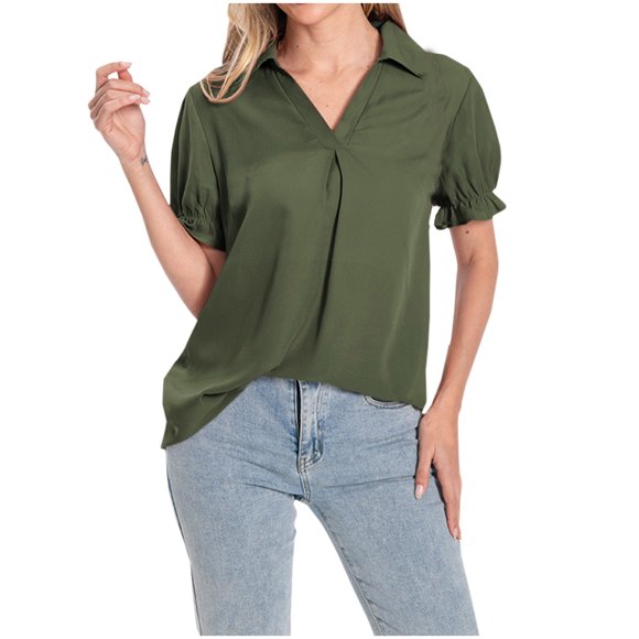 Timegard Tops for Women Formal Tops Ruched Ruffle Short Sleeve V-Neck Comfy Business Casual Loose Tops