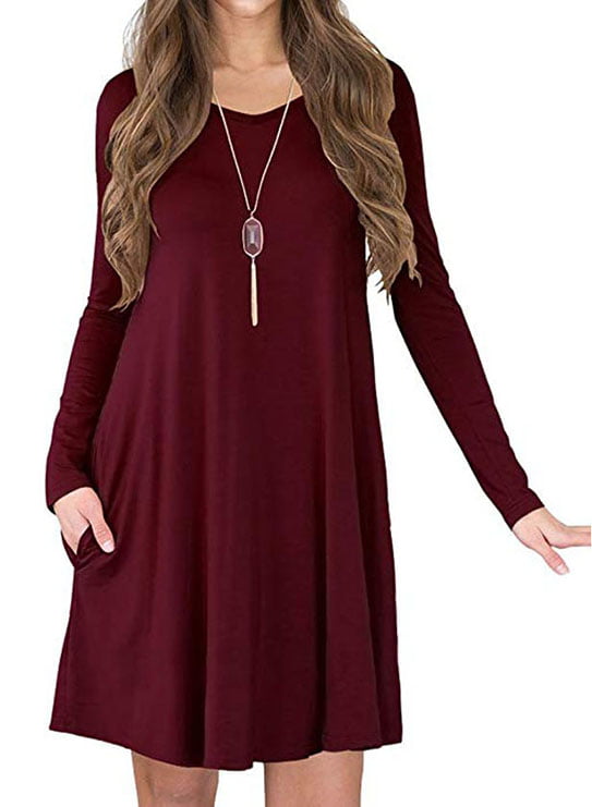 pockets dress longsleeve dress Soft comfortable dress Wine red Cotton dress