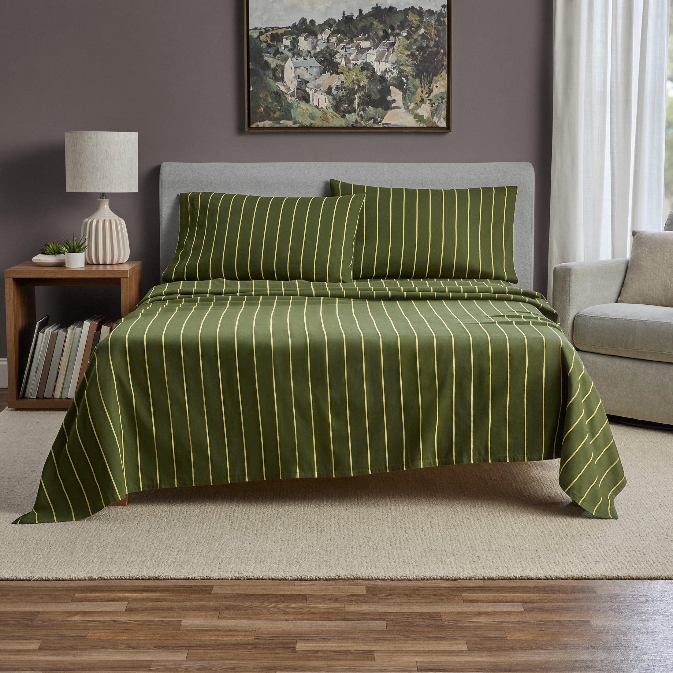 Mainstays 100% Cotton 4-Piece 220 Thread Count Dark and Light Green Stripe 100% Peached Cotton Dreamy Soft Bed Sheet Set, Full