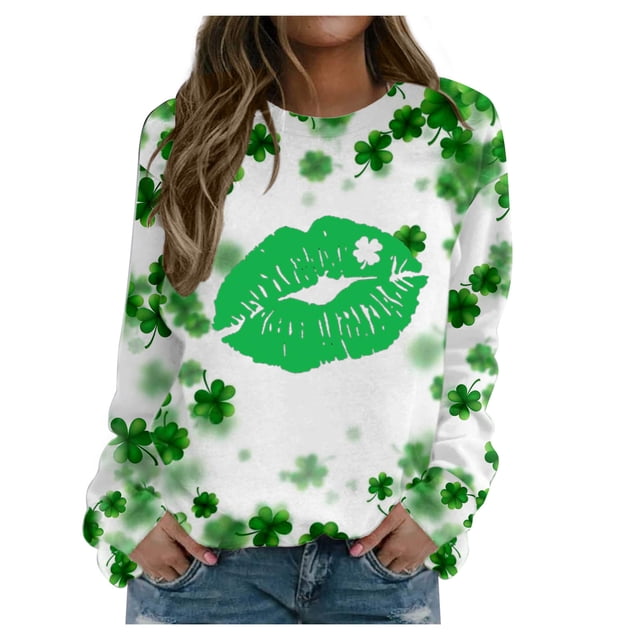 QIPOPIQ Chandails à Manches Longues pour Femmes T-Shirts de la Saint-Patrick Shamrock T-Shirt Chemise Verte Tee T-Shirts de la Saint-Patrick Tunique Col Rond Hauts Amples Chandail T-Shirts des Fêtes T-Shirts Graphiques Aubaines