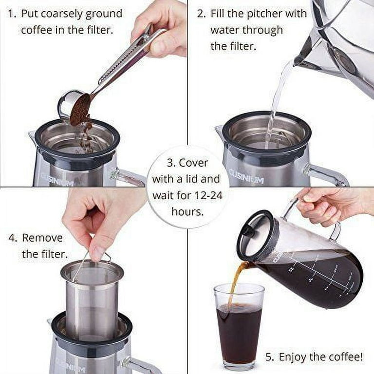 Cold Brew Iced Coffee Maker 1 Quart Brewed Tea Glass Carafe Fruit Infuser  Scoop 