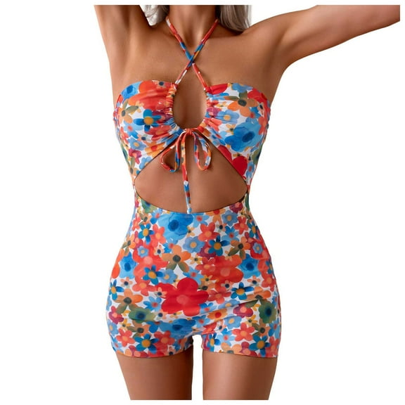TTUHYWXI Women Cutout Halter One Piece Boy Short Swimsuit Tie Front Push Up Tummy Control Bathing Suits (Multicolour, S)