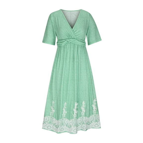 Deals of the Week Wuchoa Summer Spring Short Sleeve Wedding Guest Dress for Women Casual Pleated Fashion Embroidered Aline Midi Sun Dress Wrap Ruffle V Neck Cute White Western Dress