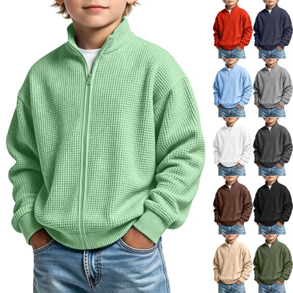 Teyfeniy Boys Girls Waffle Knit Jacket Zip up Solid Color Long Sleeve Outerwear Fashion Fall Winter Hoodless Casual Loose Coats for Kids Unisex