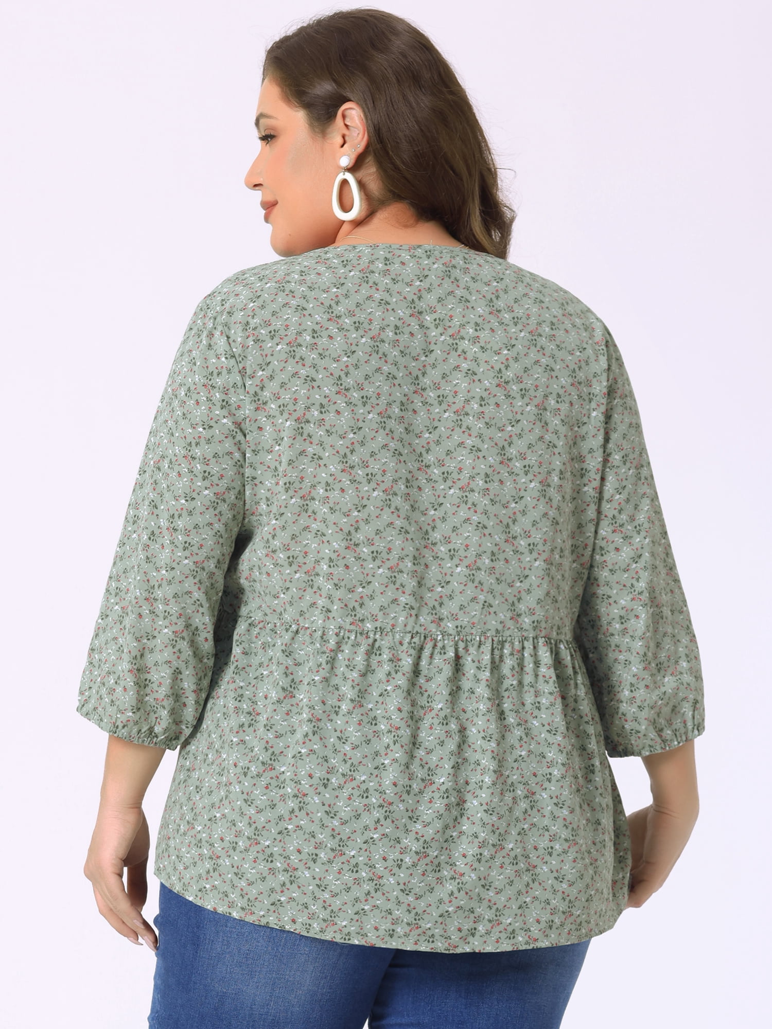 Unique Bargains Women's Plus Size V Neck Flowy 3/4 Sleeve Floral Blouse 1X Green