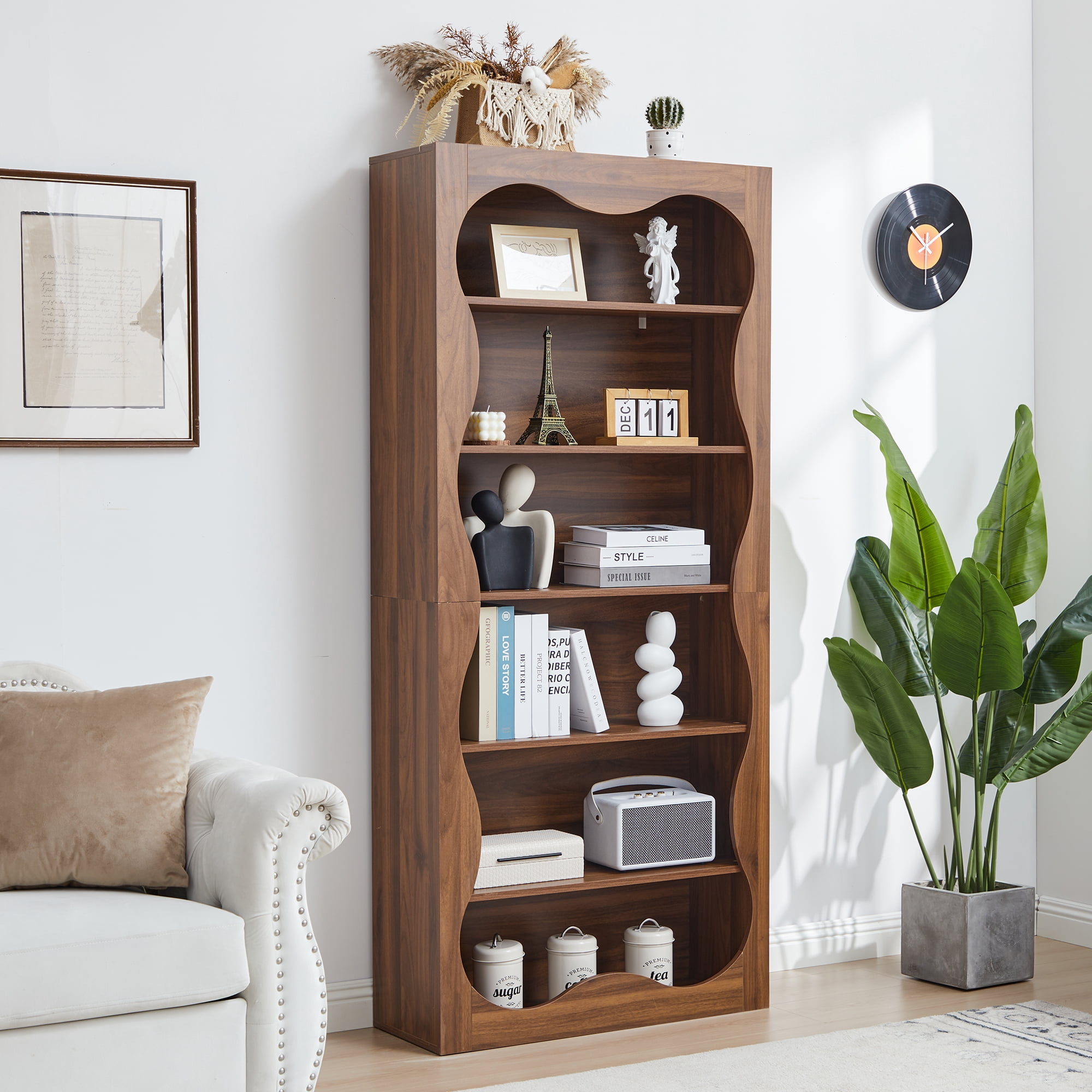YOCWO 70" Tall Bookcase with Wave Design, 6 Tier Wooden Bookshelf with Open Storage for Office, Walnut