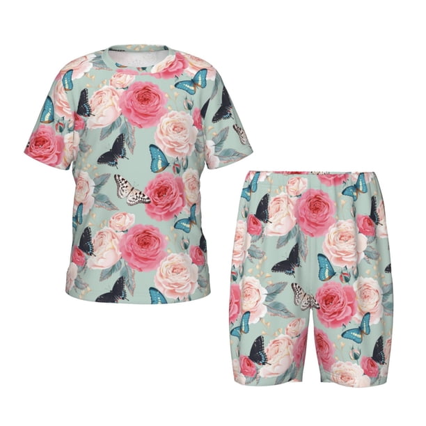 Balery Roses and Butterflies Conjunto de Pijama Infantil de Manga Corta con Estampado – Ropa de Dormir de Algodón Suave-Medium