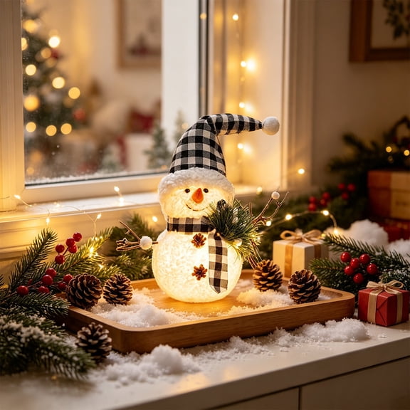 SHENGXINY Christmas Snowman Decoration with Lights Indoor, Light Up Resin Snowman Figurine for Tabletop Holiday Decor