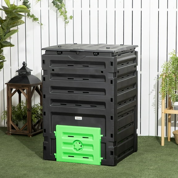 Outsunny 120 Gallon Black Plastic Composting Bin with 80 Vents and 2 Sliding Doors
