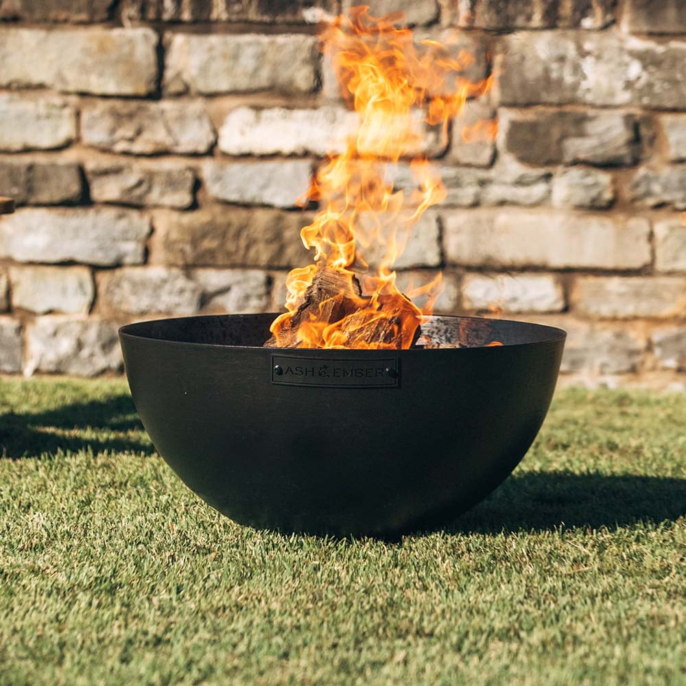 Ash & Ember 29" Hemisphere Fire Pit, Wood Burning Backyard Fireplace, Round Flat Flanged Base, Cast Iron High-Temp Black Paint Fire Bowl, Portable Outdoor Firepit Ideal for Backyard Parties, Camping