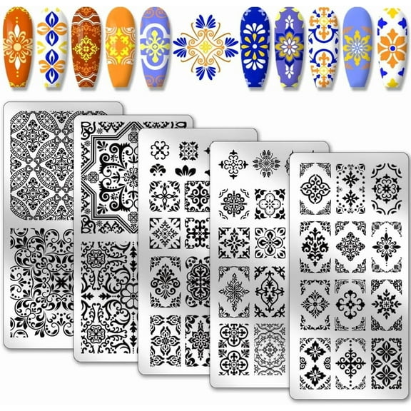 1 Set 5pcs Mosaic Tile Pattern Nail Art Templates Kaleidoscope Stamping Plate 52 Patterns Plant Flower Nail Art Stencils Stainless Steel Plates for Nail Design Print Manicure Salon