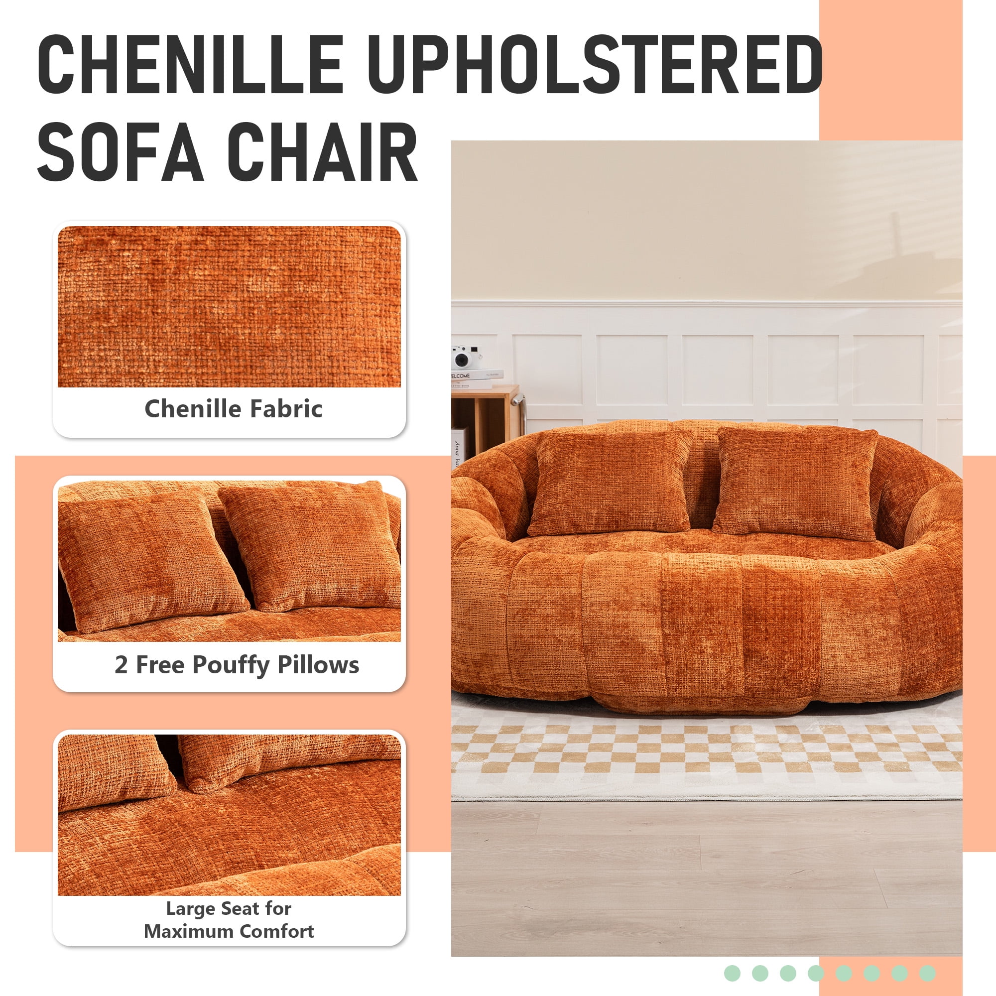 MOONMISS Chenille Durable Comfort Lounger High Back Bean Bag loveseat Lazy Sofa-Orange