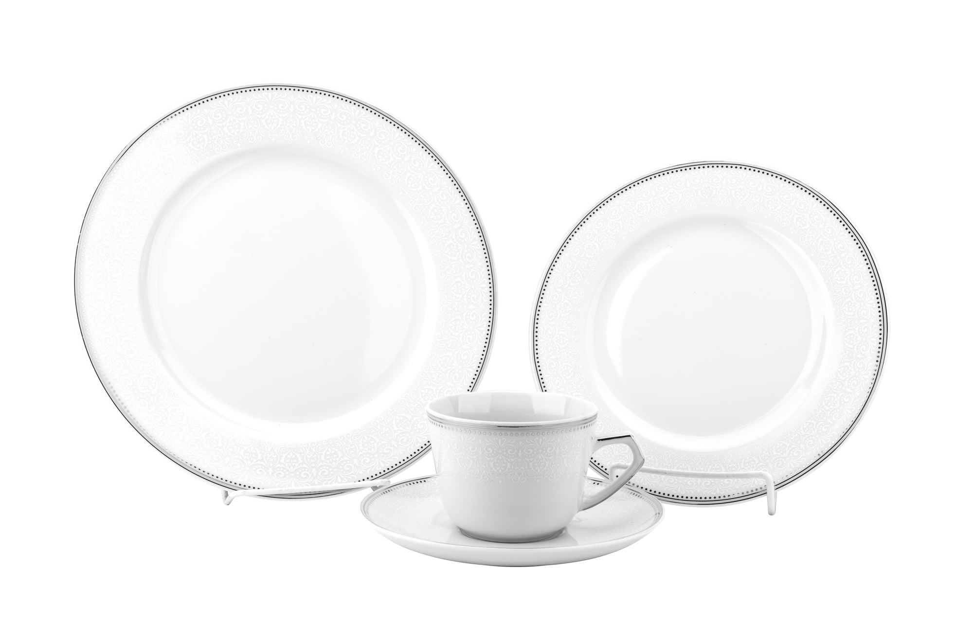 Cmielow, 4pieces White Porcelain Dinner Set with Lacy Silver Trim, 8