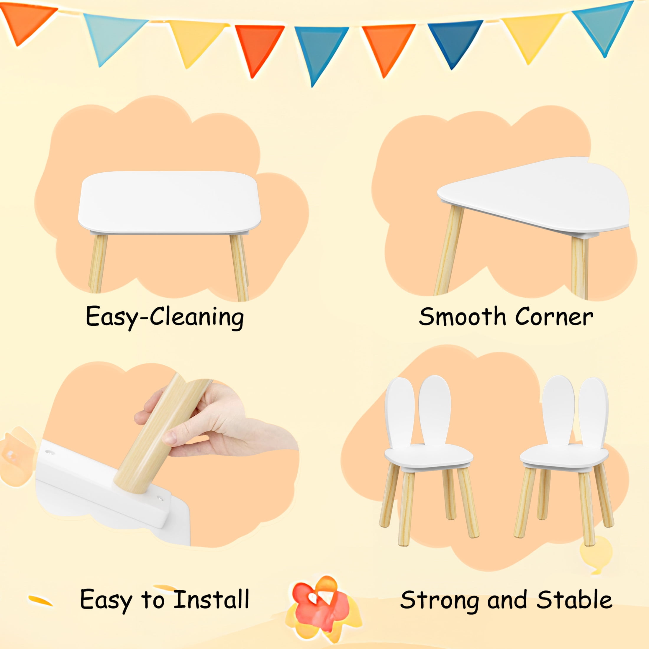 Noble House Kova Kids Table and 2 Rabbit Chairs Set, 3-Piece Wooden Toddler Activity Play Table Set for Bedroom, White