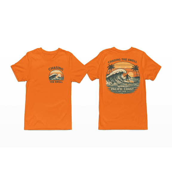 Chasing the Swell Surf T-Shirt – Pacific Coast Wave Graphic Tee, Vintage Beach Surf Shirt, Front & Back Print Unisex Crewneck
