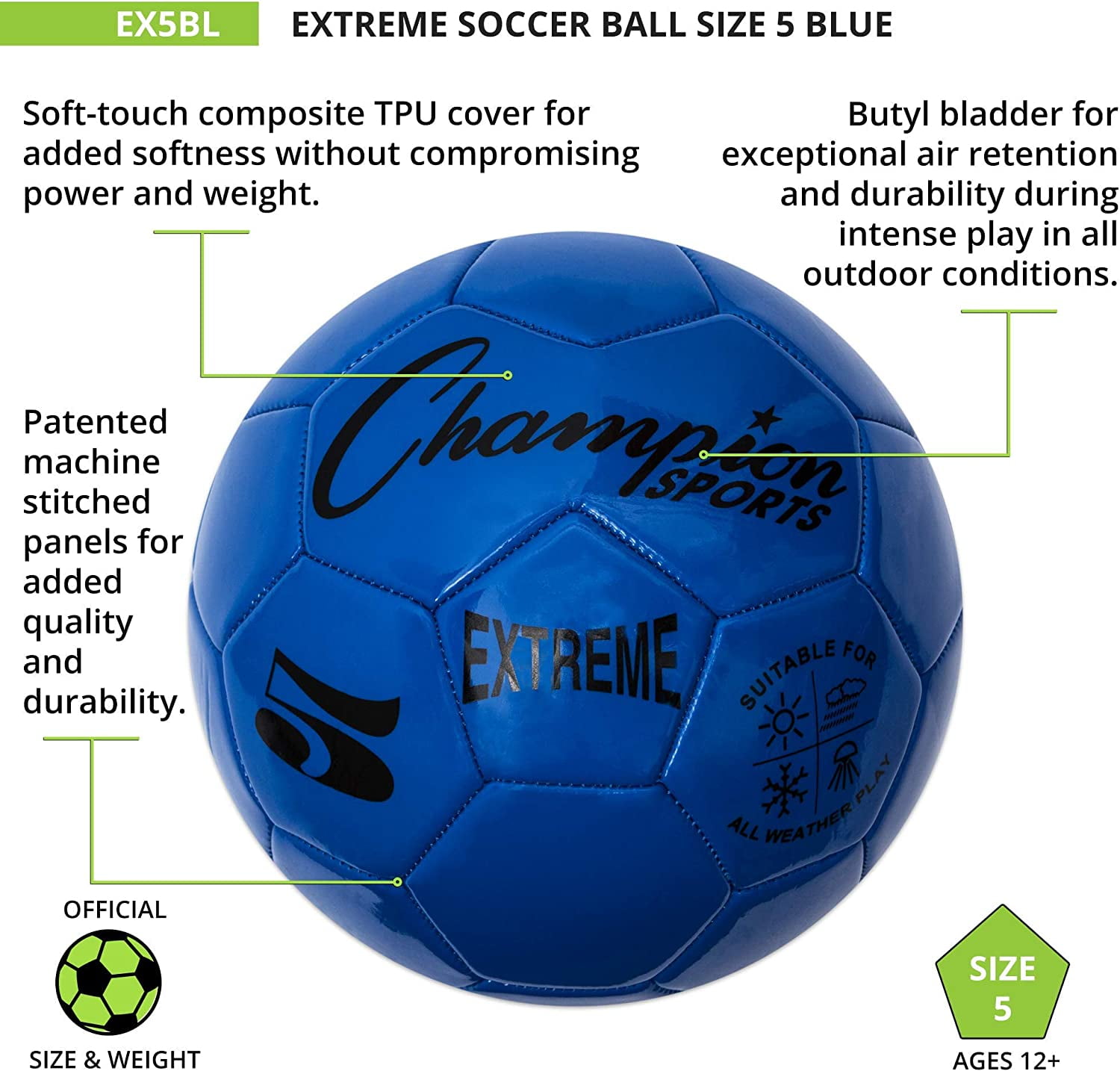 Champion Sports Extreme Series Soccer Ball, Size 5 - Collegiate, Professional, and League Standard Kick Balls - Competitive and Recreational Futbol Games, Blue