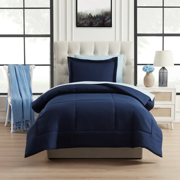 Mainstays All in One Reversible Comforter and Sheet set- 5 Piece, Twin, Navy