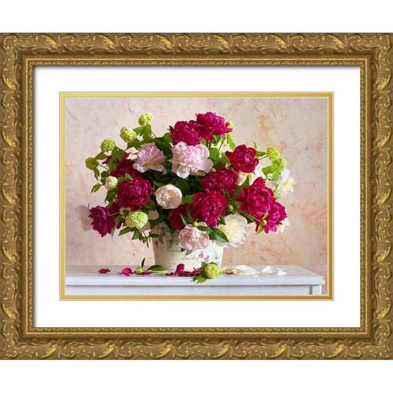 Volkova, Ira 24x19 Gold Ornate Wood Framed with Double Matting Museum Art Print Titled - Still Life with Peonies