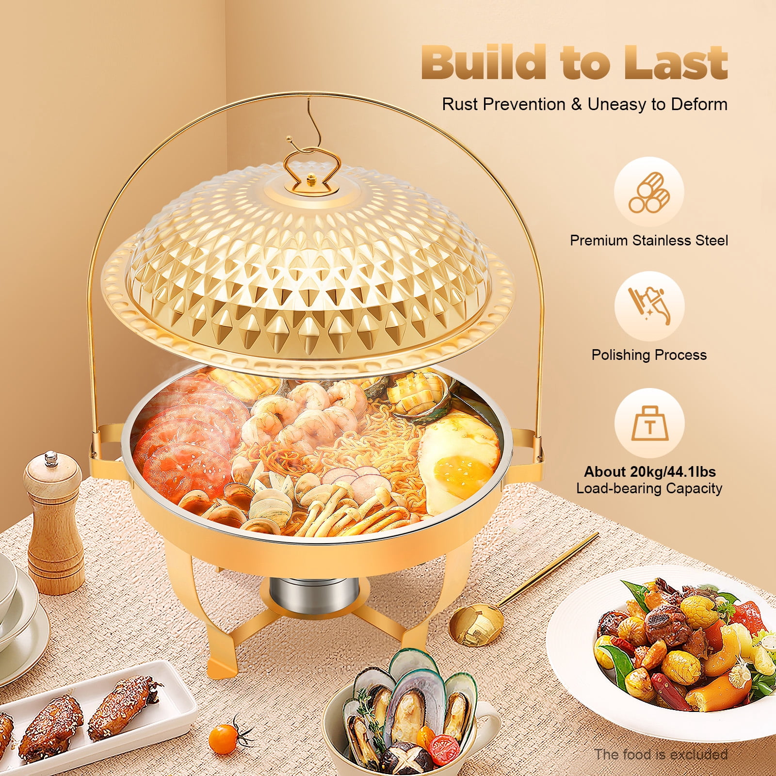 ChicHomey Diamond Hanging Lid Stove with Alcohol Burner, 8.5QT Stainless Steel Buffet Warmer,Gold Finish, for Buffets, Family Gatherings, and Banquets