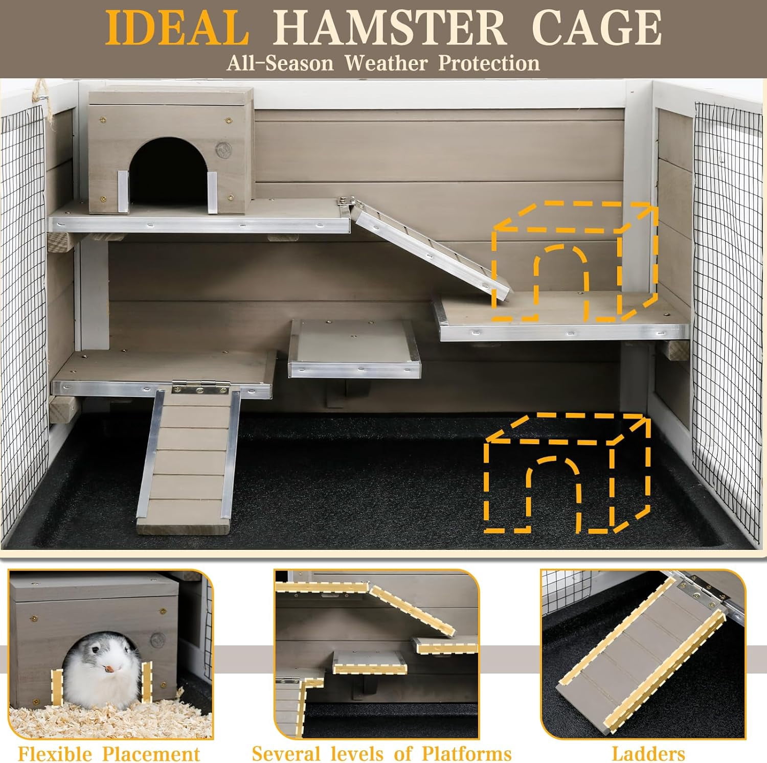 LEHOME Wooden Hamster Cage Indoor with Stand and Storage Shelf, 3-Tier Small Animal Habitat with Clear Front Window, Openable Top, Anti-Chew Ramps, Hideout House, Deep Pull-Out Tray Guinea Pig cage