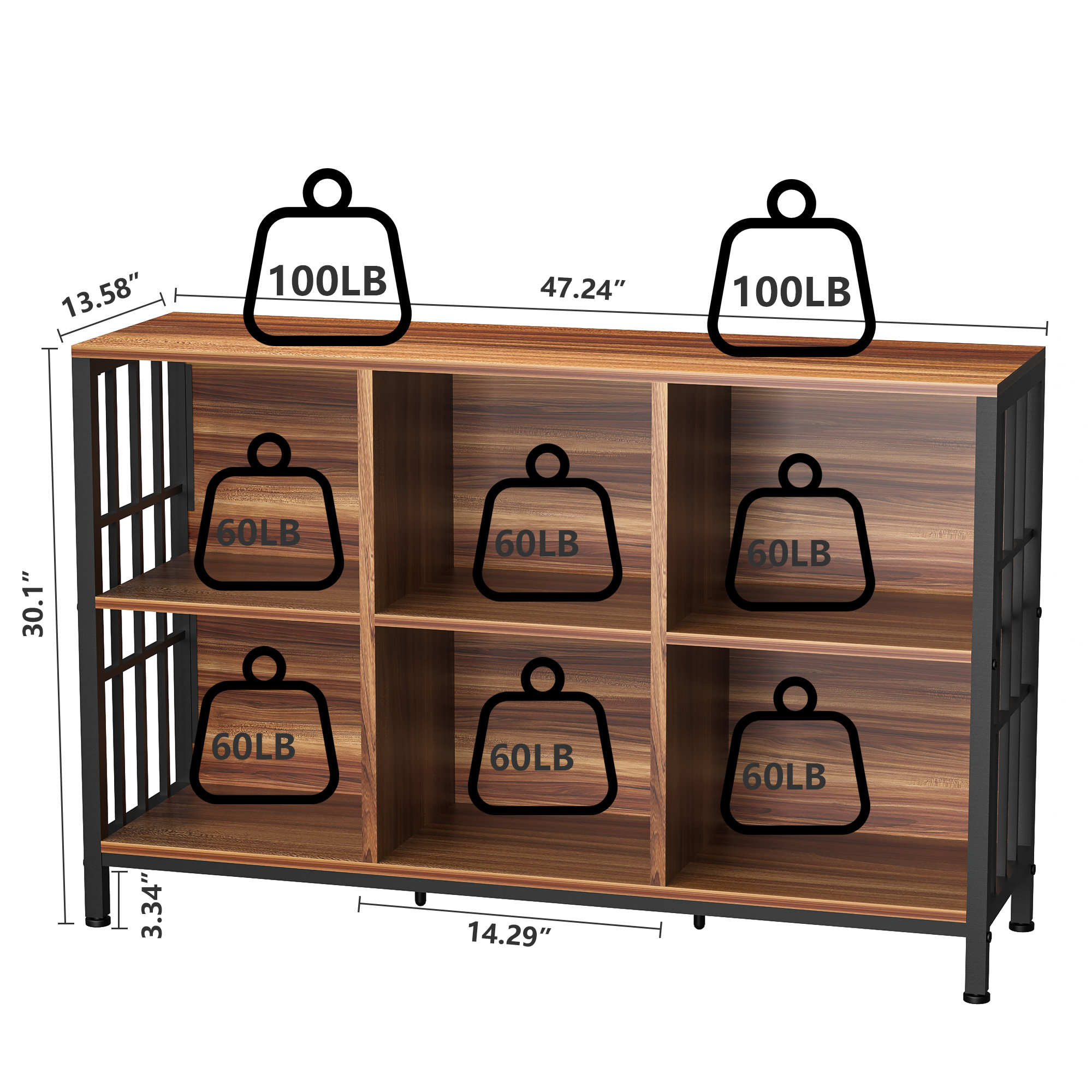 HOHYN Farmhouse 3 Tier Open Book Shelf, Wood and Metal 6 Cube Storage Organizer, Modern Low Horizontal Bookshelf for Bedroom Family, Long Wide Office Cubby Bookcase with Storage, Rustic Brown