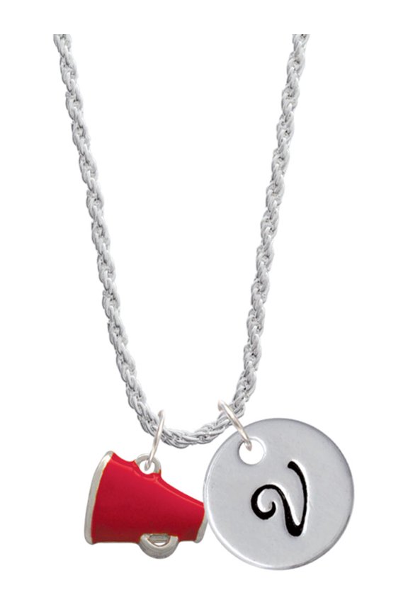 Silvertone Small Red Megaphone Silvertone Script Initial Disc - V - Charm Necklace, 20"+3"