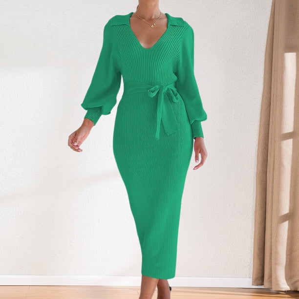Vestido Vestido ajustado con cuello en V Vestido de punto para mujer con cinturón Túnica Vestido largo Traje de vacaciones Kuymtek Verde T L para Mujer