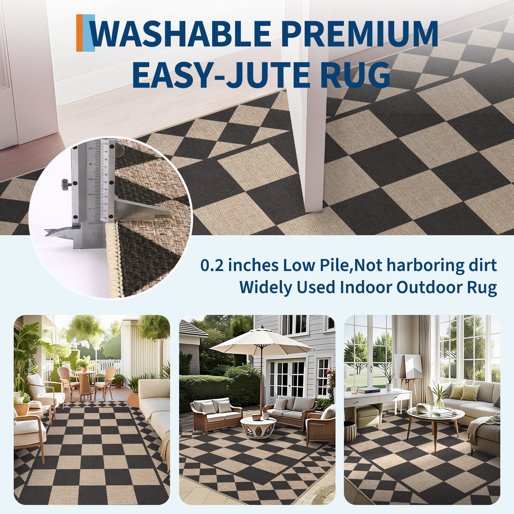 Hasoo Easy Jute Area Rug 9x12 Washable Rug for Living Room Bedroom Checkered Indoor Outdoor Geometric Carpet for Backyard, Yellow/Black