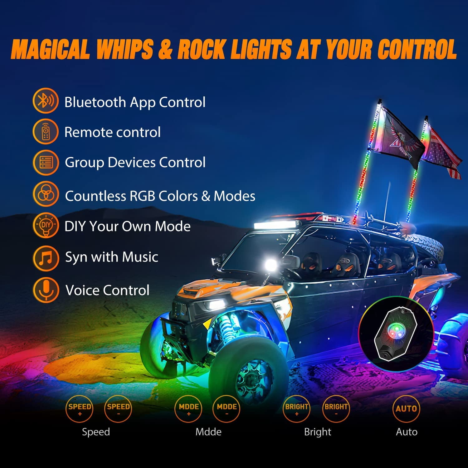 Nilight 2PCS 4FT RGB LED Whip Light and 4 PCS Rock Lights Combo, Remote & App Control w/DIY Chasing Patterns Stop Turn Reverse Safety Antenna Lighted Whips for ATV UTV