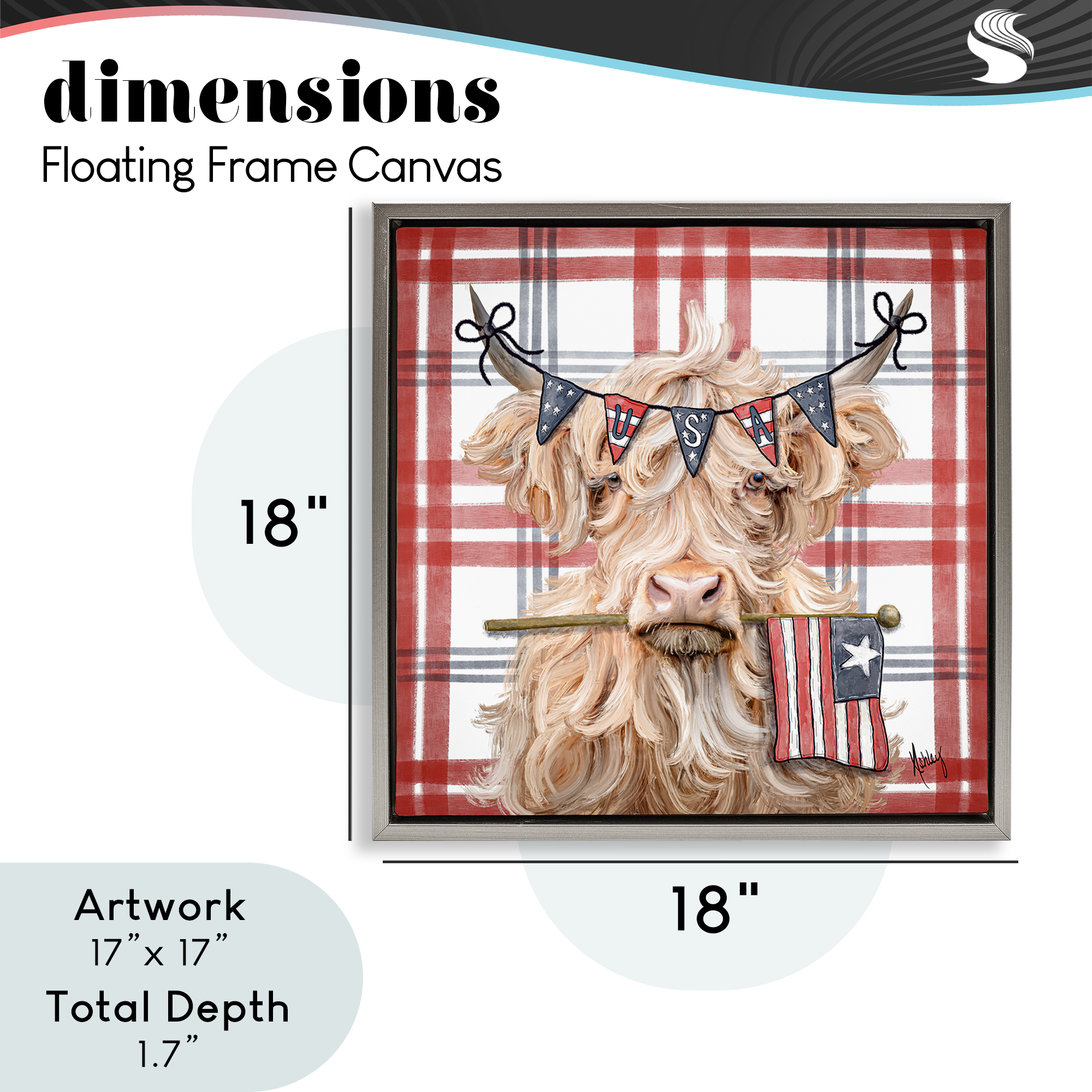 USA Plaid Highland Cattle Gray Framed Floater Canvas Wall Art, design by Ashley Bradley